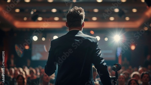 A man stands on stage in front of a crowd, giving a speech