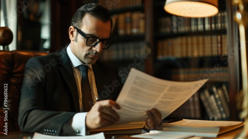 A man in a suit is reading papers at a desk