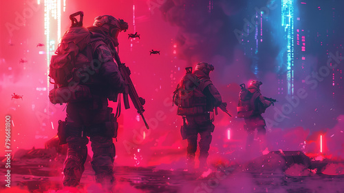 Three armed soldiers in futuristic gear patrol through a neon-lit dystopian city under a pink sky.