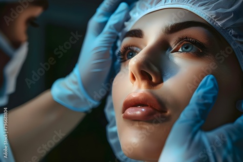 Surgeon prepping for cosmetic rhinoplasty procedure on patients nose. Concept Plastic Surgery, Medical Procedure, Rhinoplasty, Cosmetic Surgery, Surgeon Responsibilities photo