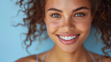 close up portrait of smiling young black woman with braces or brackets on her teeth, orthodonsis treatment, oral care