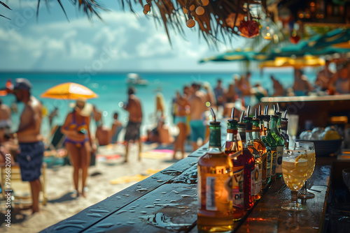 Wallpaper Mural bottles standing on the bar at a beach bar. people having fun at a beach party. Torontodigital.ca