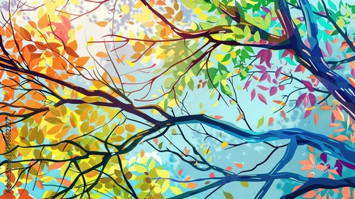 Colorful trees with leaves on the background  illustration of branches. abstract wallpaper Floral tree with colorful leaves  bright  realistic