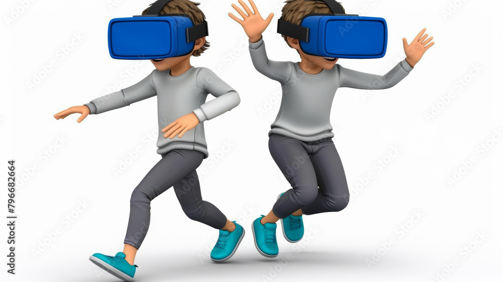 A boy wearing a blue virtual reality headset. He is standing with his arms outstretched and looking to the left