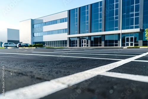 Photo of a big corporate office building and spacious parking lot. Concept Corporate Office, Urban Architecture, Parking Lot, Commercial Real Estate, Business Establishments
