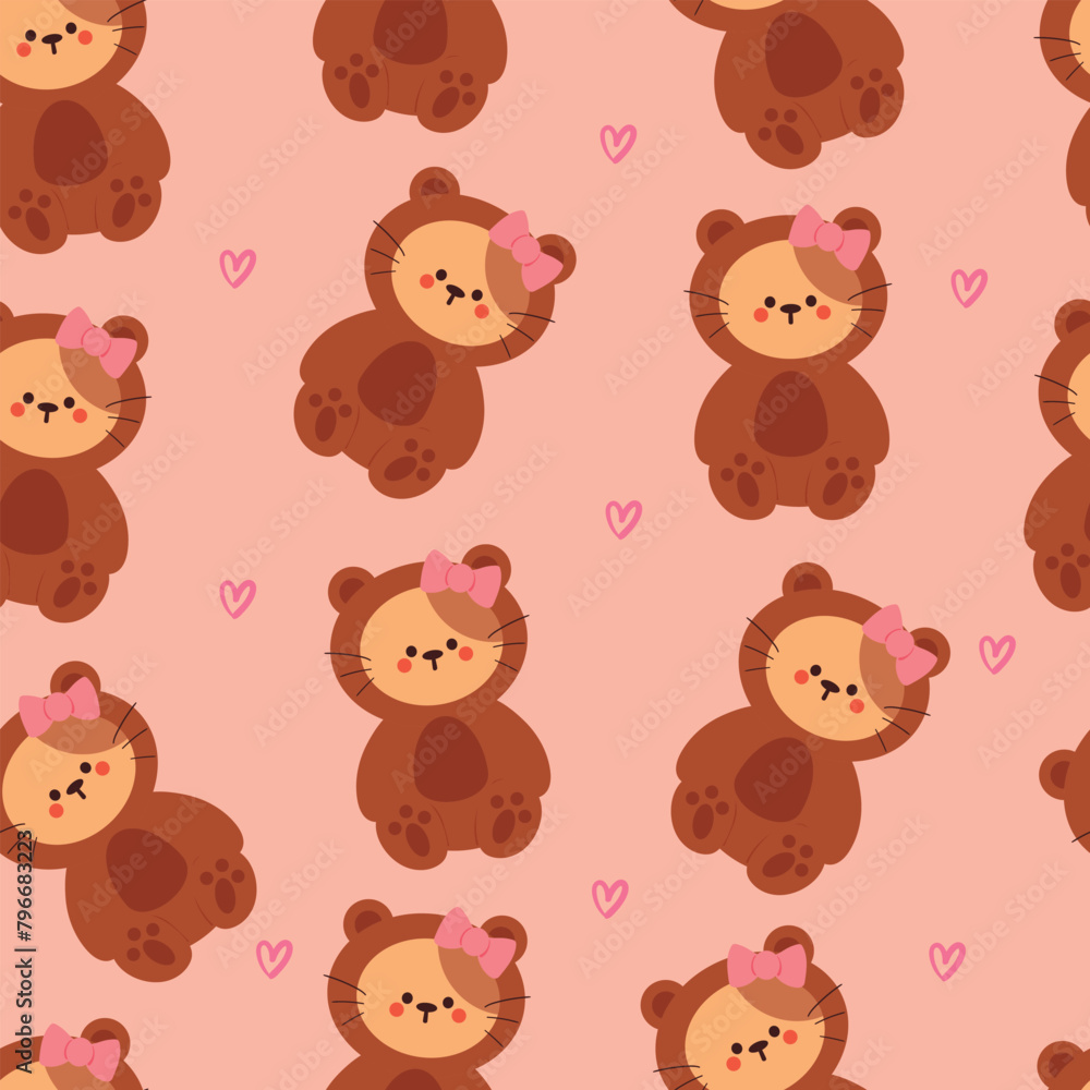 seamless pattern cartoon cat with bear costume. cute animal wallpaper illustration for gift wrap paper