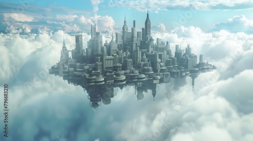 Floating city in the clouds AI generated illustration