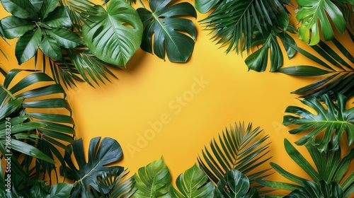 Lush green tropical palm leaves form a natural frame on a bright yellow background