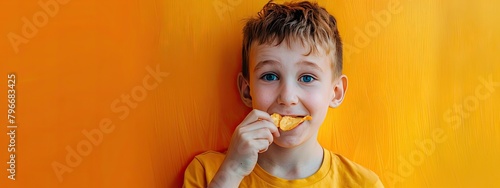 the boy eats chips. selective focus
