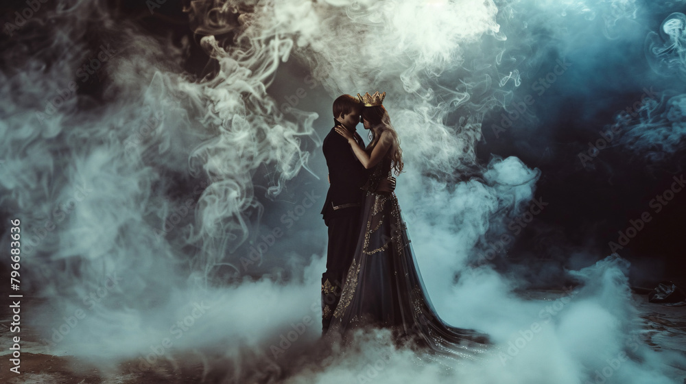 Fantasy couple hugging in dark room full white smoke.
