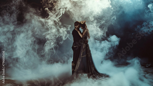 Fantasy couple hugging in dark room full white smoke.
