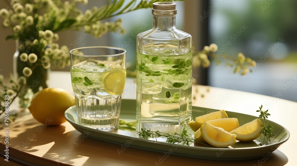 Refreshing herb and lemon-infused water on a bright table setting Refreshing herb and lemon-infused water on a bright table setting