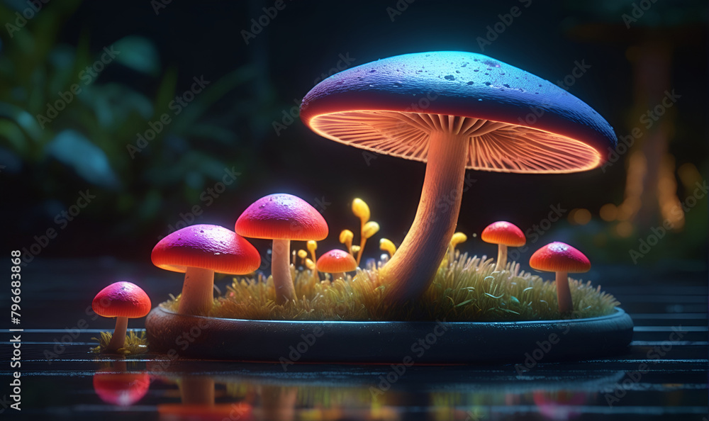 Magical glowing mushrooms, on a dark background