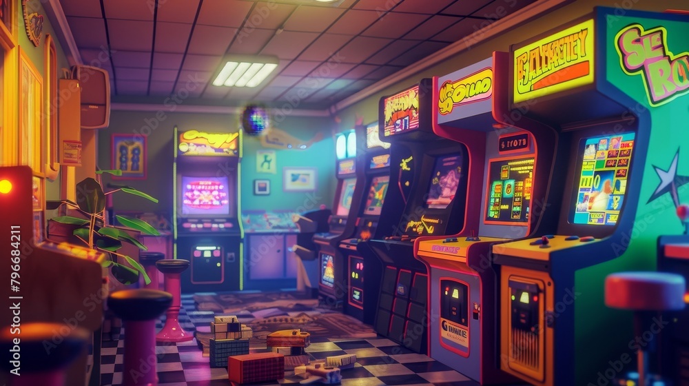 Generate a cute 3D render of a retro arcade game scene  AI generated illustration