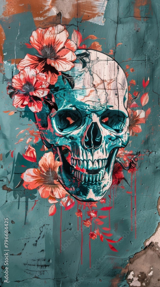 A painting of a skull with flowers on it