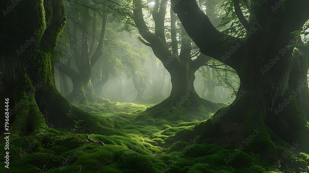 A misty forest clearing, shrouded in ethereal light, where ancient trees stand sentinel amidst a carpet of emerald moss