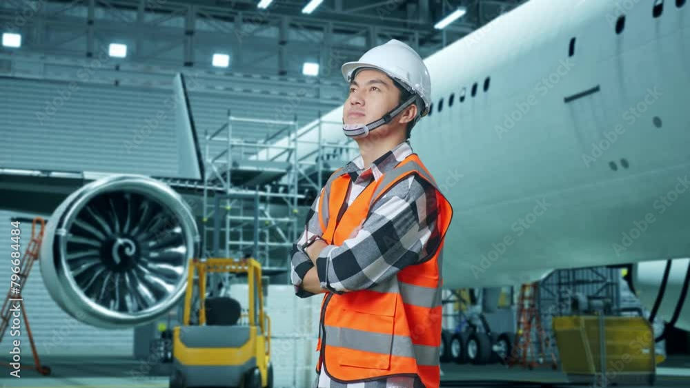 Side View Of Asian Male Engineer With Safety Helmet Standing With Aircraft In The Hangar. Crossing His Arms While Aircraft Maintenance Side View Of Asian Male Engineer With Safety Helmet Standing With Aircraft In The Hangar. Crossing His Arms While Aircraft Maintenance
