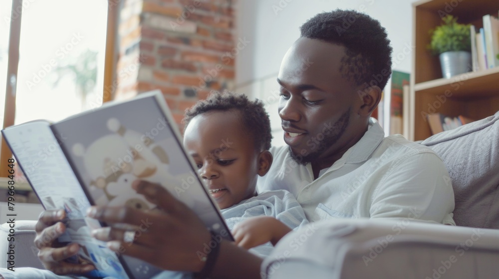 A man reading a book to a child on a couch A man reading a book to a child on a couch