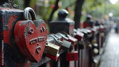 A Heart-Shaped Lock Attached to a Bridge Railing: Symbolizing Enduring Love and Commitment in a Timeless Urban Ritual