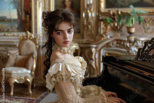 A young woman in a Victorian-era dress, standing by a grand piano