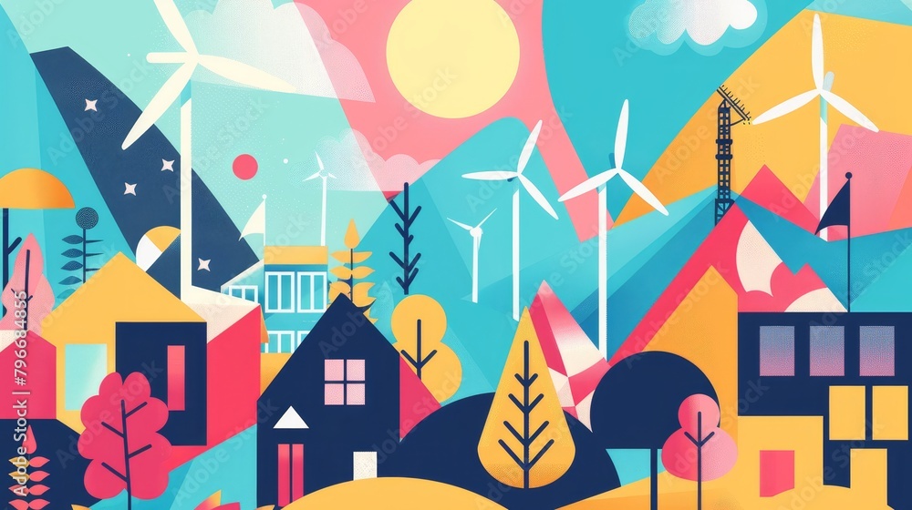 Geometric shapes in a cute and colorful renewable energy design  AI generated illustration