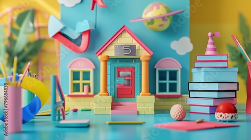 Geometric shapes and vibrant hues in a 3D representation of a cute school scene  AI generated illustration © ArtStage