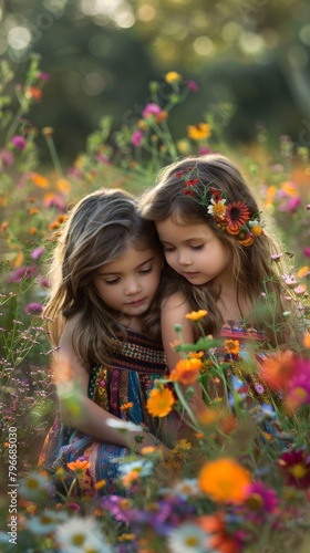 Two little girls sitting in a field of flowers