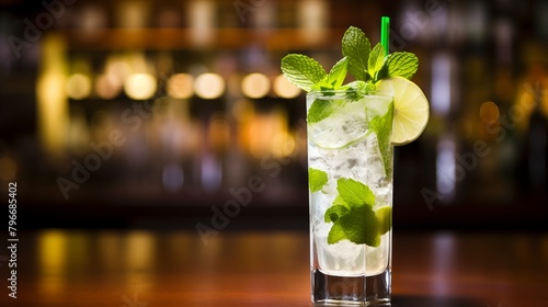 A refreshing mojito cocktail on the bar ready to be enjoyed