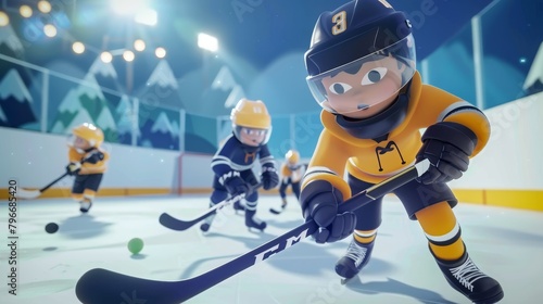 Ice hockey players skating and passing in a cute rendered arena AI generated illustration