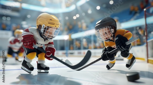 Ice hockey players facing off in a cute rendered arena  AI generated illustration photo