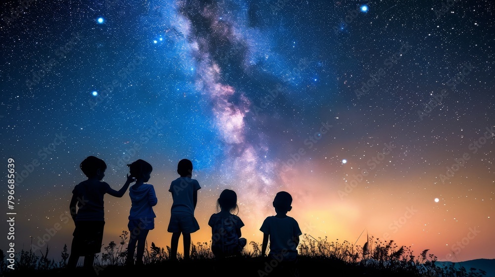 Innocent children admiring a sky full of stars AI generated illustration Innocent children admiring a sky full of stars AI generated illustration