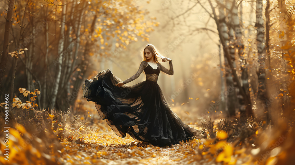 Fantasy fairy beautiful woman in a medieval black silk