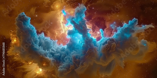 A colorful cloud of gas and dust in space. The colors are orange, blue, and yellow