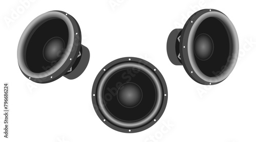 subwoofer audio loudspeaker with front view and side view. vector illustration isolated on white background.