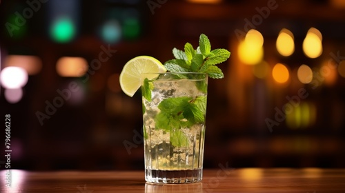 Refreshing glass of mojito cocktail on a blurred bar background