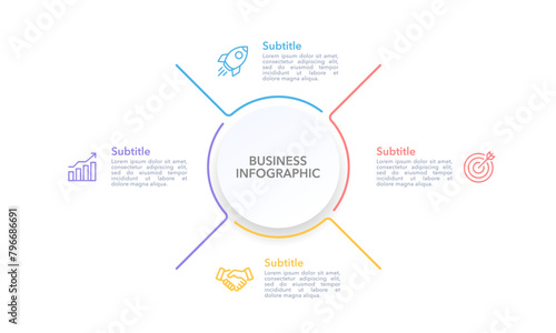 Infographic circle and thin line flat with 4 processes. Business presentation. Vector illustration.