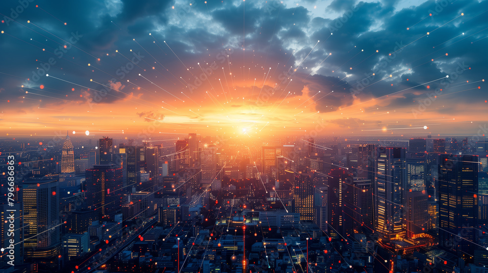 Sunset over a modern cityscape with glowing lights and a dynamic sky, copy space Sunset over a modern cityscape with glowing lights and a dynamic sky, copy space