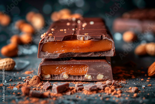 a caramel and peanut candy bar being broken in half revealing layers of caramel and crunchy peanuts photo