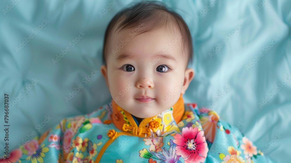 Lovely portrait of an Asian baby in vibrant attire against a soft pastel backdrop Lovely portrait of an Asian baby in vibrant attire against a soft pastel backdrop