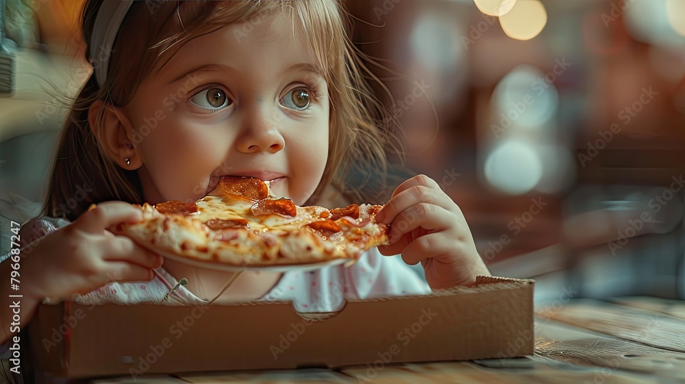 girl eats pizza selective focus girl eats pizza selective focus