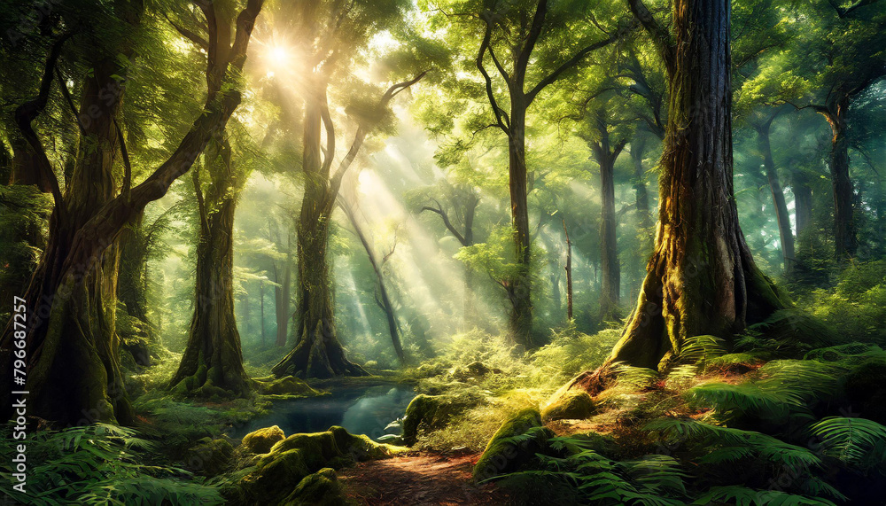 Obraz premium Majestic forest scene, realistic style, lush greenery, sunlight filtering through trees