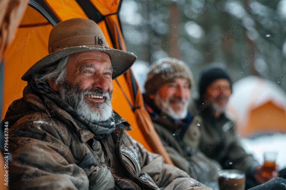 Fototapeta premium A winter camping adventure featuring two friends enjoying warmth & comfort in harsh weather, with faces blurred for privacy