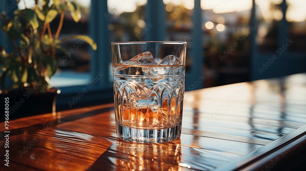 A refreshing glass of cold water with ice on a wooden table during a warm golden hour