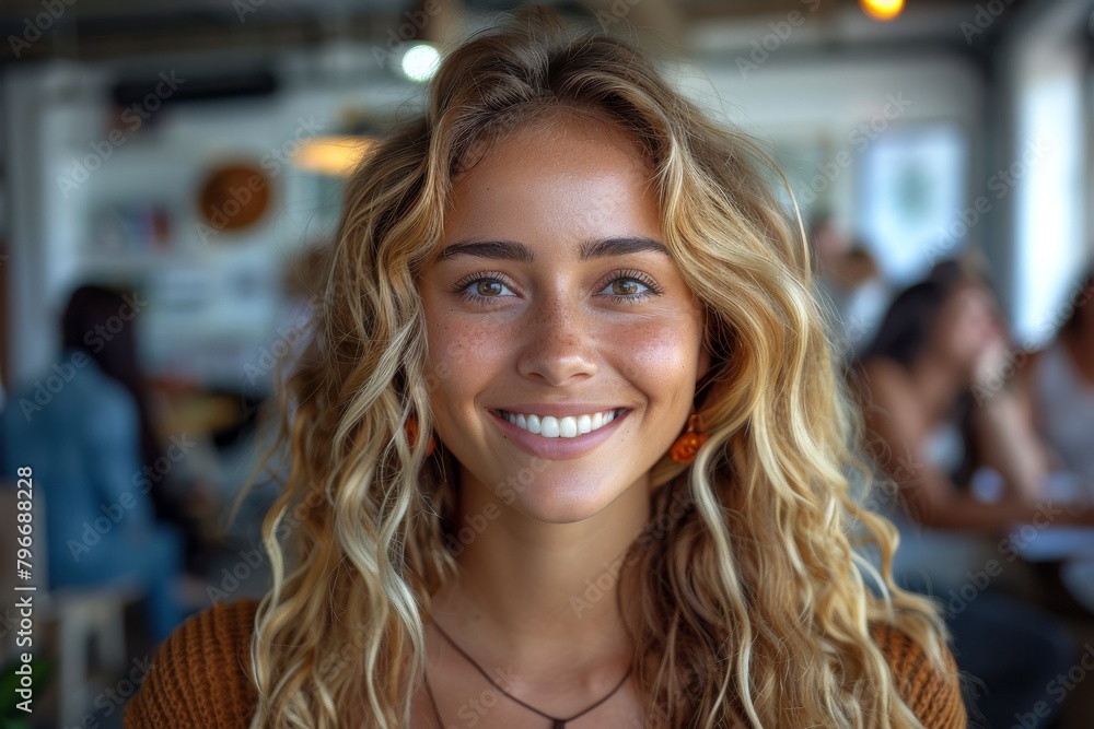 Portrait of a cheerful young woman with sunlit curly blonde hair, smiling in a lively cafe setting with blurred background Portrait of a cheerful young woman with sunlit curly blonde hair, smiling in a lively cafe setting with blurred background