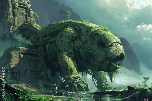A majestic blue dragon soars over a natural landscape with towering stone statues