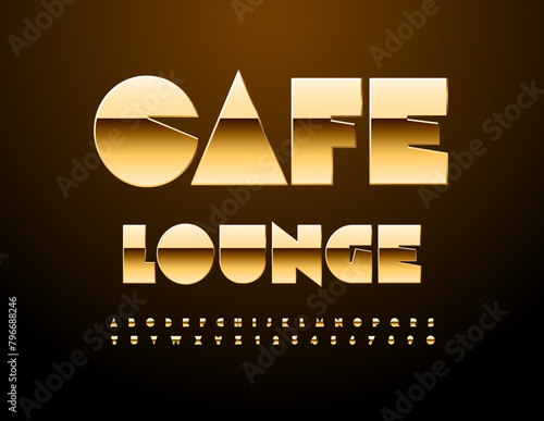 Vector luxury logo Cafe Lounge. Big Gold Alphabets Letters and Numbers set. Shiny elite Font.