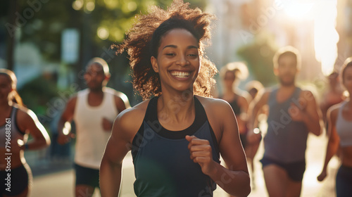 A beautiful woman is running through the city, smiling and wearing sportswear while other people run behind her at an outdoor marathon race.  photo