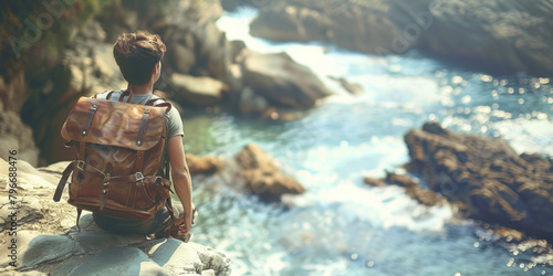 A man sits on a rock overlooking the ocean with a backpack on his back. Concept of adventure and exploration, as the man is likely preparing for a journey or has just returned from one
