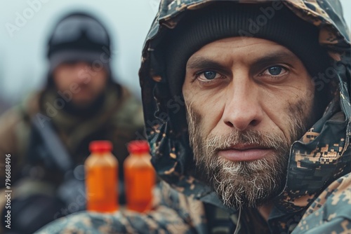Man in Camouflage Jacket Holding Two Bottles of Orange Juice
