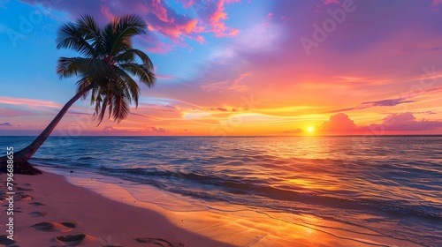 Stunning tropical sunset scenery on the beach  images of the sunset with a palm tree on the beach.